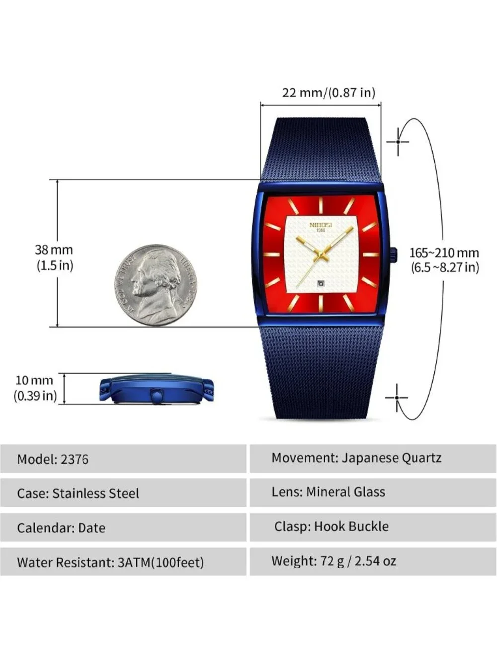 Nibosi Men's Blue Red Square Analog Quartz Stainless Mesh Strap Waterproof Watch